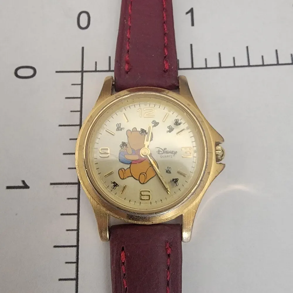 Vintage Disney Time Works Winnie The Pooh Boys Watch Gold Champagne Dial Brown
